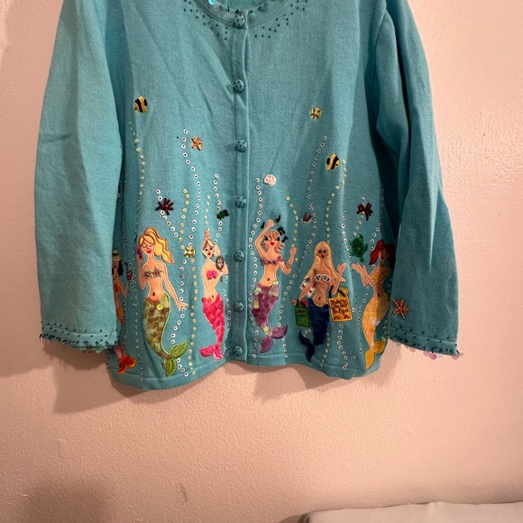 Vintage Jack B. Quick blue mermaid sequin beaded embroidery sweater cardigan XL - Picture 1 of 6